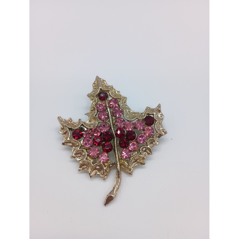 Vintage Gold Tone Maple Leaf Brooch Pink and Red Rhinestone Botanical Pin